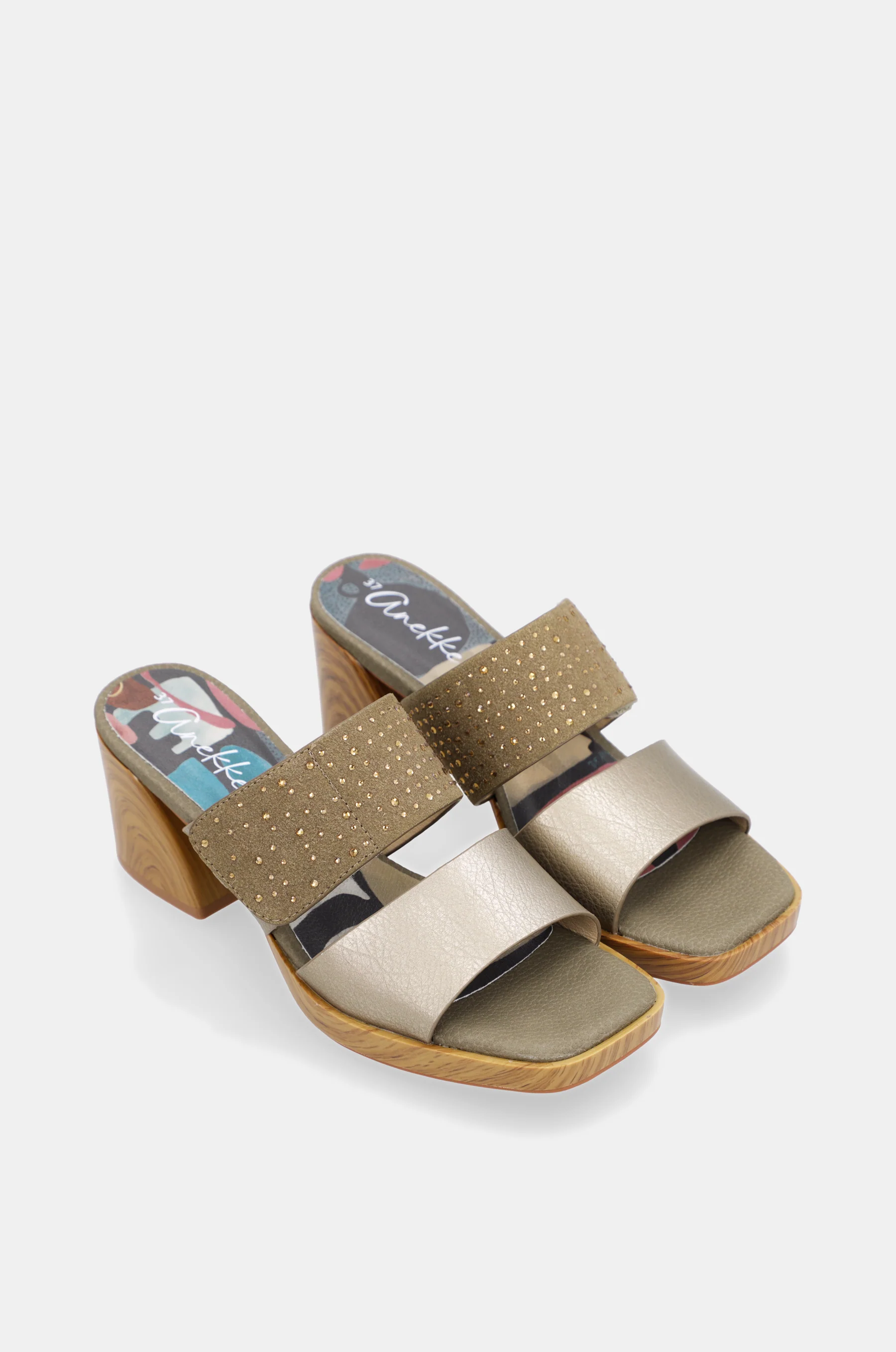 Sandalias con tacón verdes y doradas con strass - Image 3